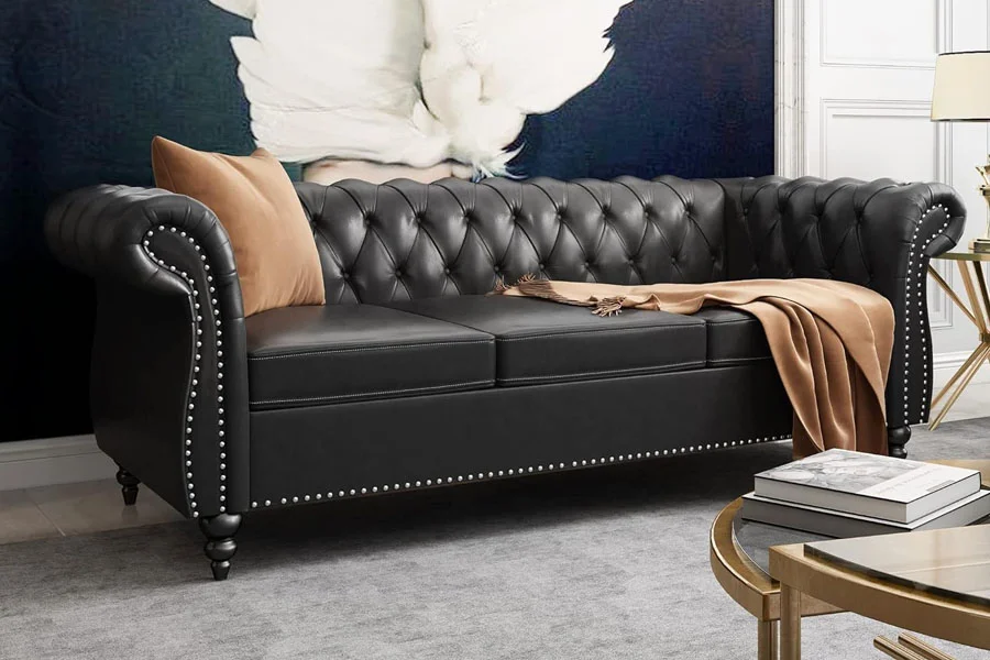 Vintage Black Leather Chesterfield Sofa