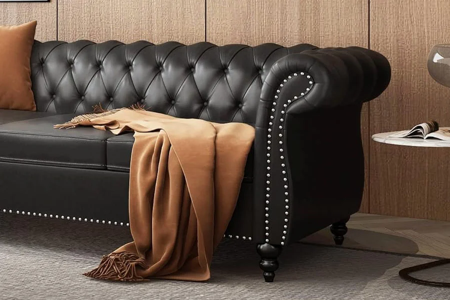 Vintage Black Leather Chesterfield Sofa